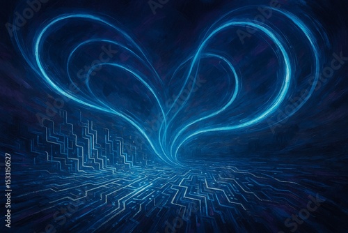 Fractal heart glowing in abstract waves of light and color