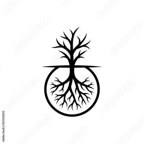 Vector icon of a tree with roots in a circular design