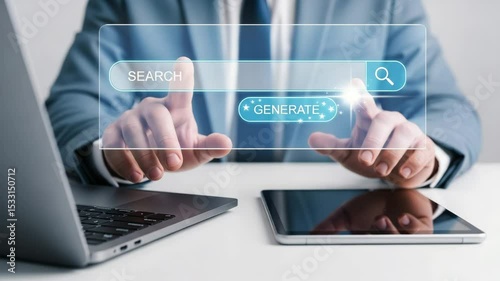Man interacting with search and generate buttons on a digital interface with devices nearby