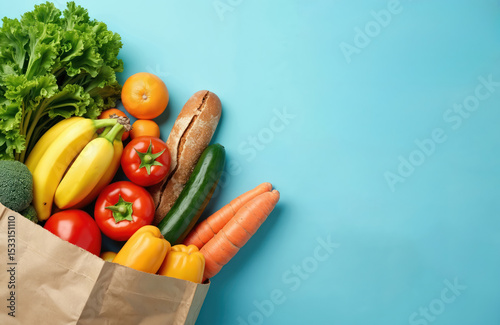 Grocery paper bag full fresh fruits vegetables on blue background. Variety of organic food. Healthy eating diet concept. Delivery service shopping concept. Flat lay, top view, copy space. Fresh food