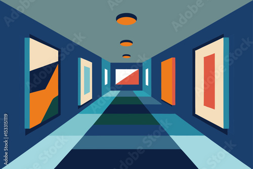 art gallery hallway with spotlighted abstract