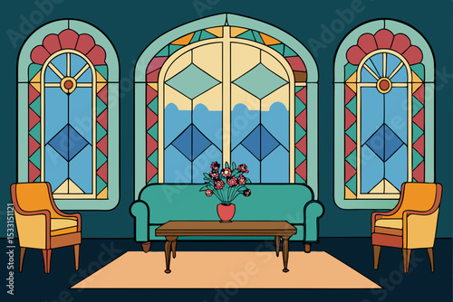 art nouveau drawing room with floral stained glass