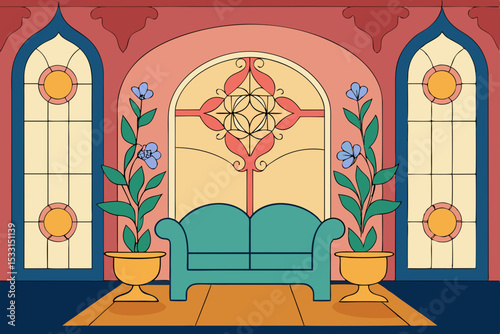 art nouveau drawing room with floral stained glass