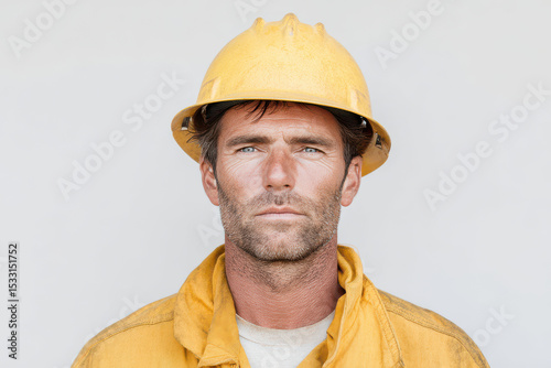 portrait of firefighter with sincere determination on his face positioned on left side against clean background