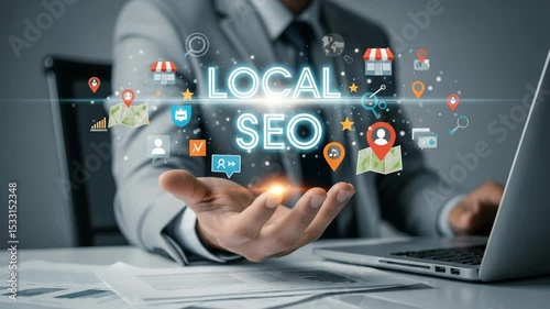 A man in a suit holding local seo text with icons floating above his hand near a laptop computer