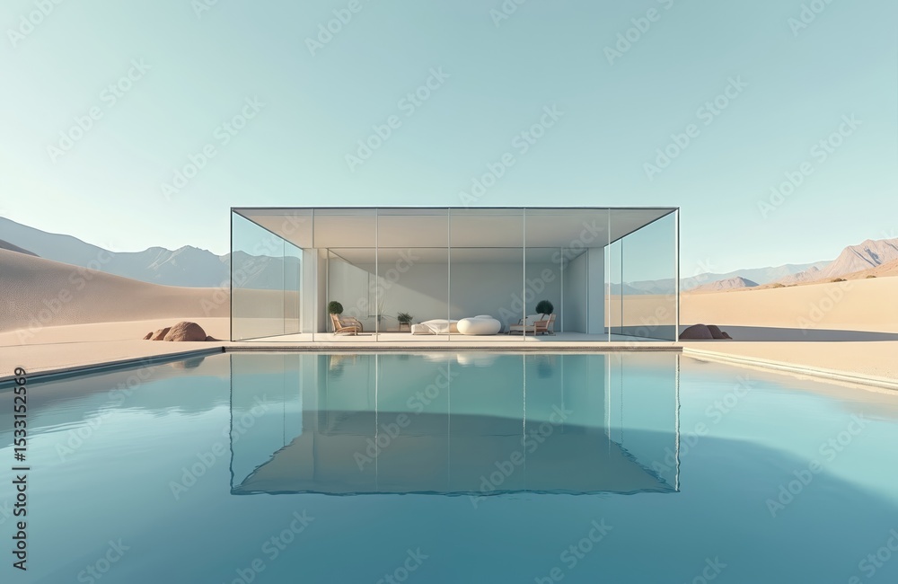Fototapeta premium Modern house with reflective glass walls set in desert landscape. Minimalist architecture with pool reflects sky. Glass house located on water. Stylish modern design. Luxurious concept, bright sunny