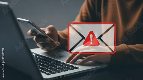Person using laptop and phone with email warning sign overlay indicating potential phishing threat online