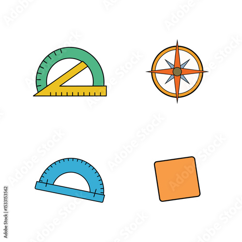 Engineering tool set with protractor compass try square and bevel protractor vector illustration.