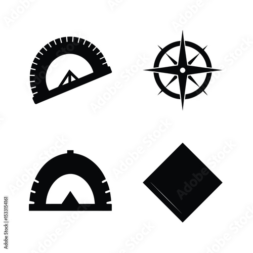 Engineering silhouette tool set with protractor compass try square and bevel protractor vector illustration.