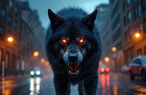 Angry black wolf illustration with glowing eyes in city during rain. Scary animal wolf portrait. AI generated image features menacing beast, urban environment concept.