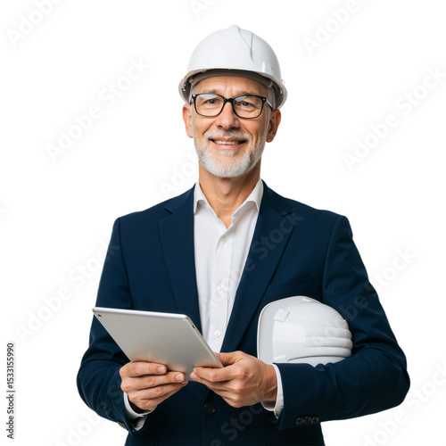 Professional in Navy Suit and Hard Hat, Holding Tablet Against White Background PNG