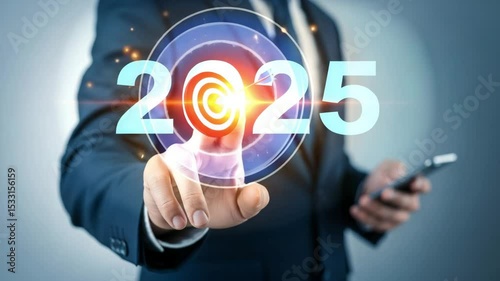 A man in a suit pointing at a target with the year two thousand twenty five in light blue color