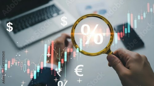 Person holding magnifying glass over percentage sign with laptop and currency symbols overlayed