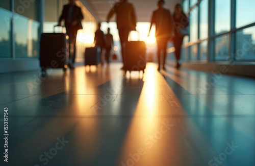 People with luggage hurry through airport terminal corridor at sunset. Family late for flight. Passengers rush, travel journey. Silhouettes with bags, suitcases. Vacation, holiday, relocation,