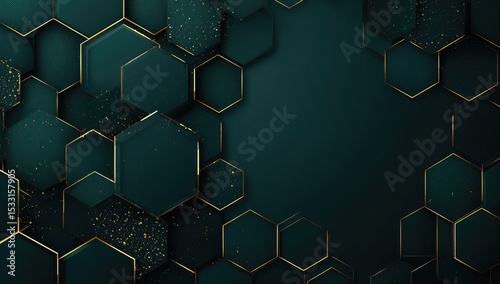 Dark teal hexagonal pattern with gold outlines and subtle gold glitter accents, creating a luxurious, abstract background