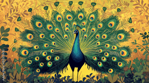 Elegant peacock vector illustration with vibrant tail in lush tropical forest background scene