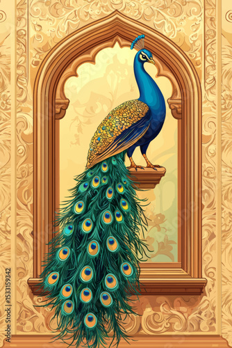 Royal peacock standing in ornate vintage frame vector illustration for luxurious background use