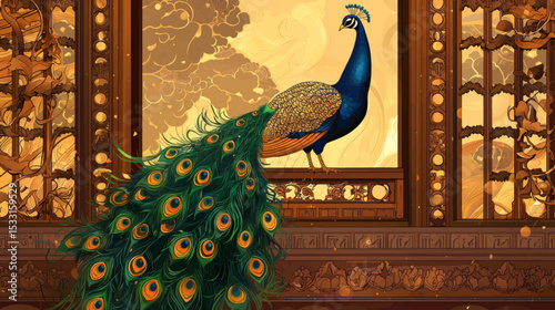 Royal peacock standing in ornate vintage frame vector illustration for luxurious background use