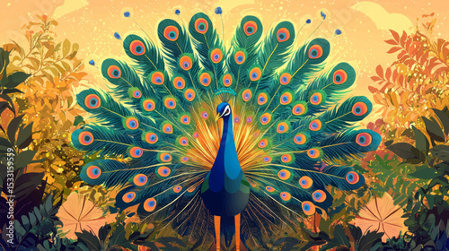 Elegant peacock vector illustration with vibrant tail in lush tropical forest background scene
