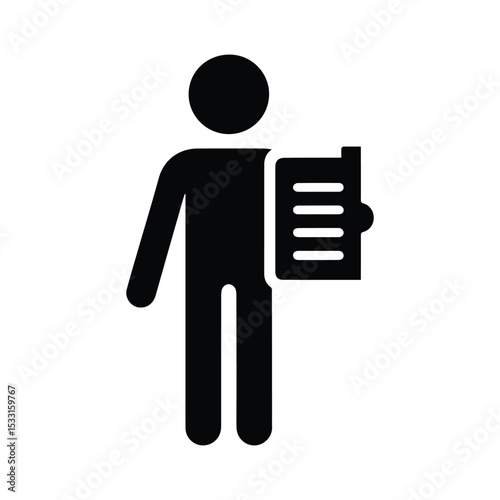 Flat black stickman icon holding a document or paper sheet. Simple minimal silhouette for business, office, contract, report, or paperwork themes.