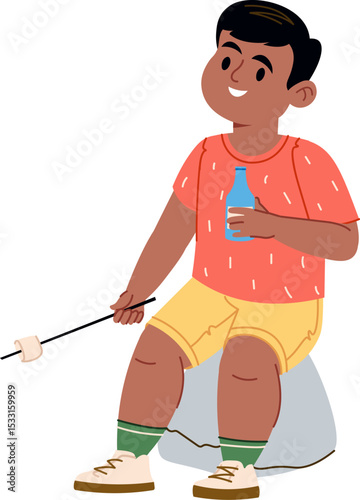 Boy Roasting Marshmallow by Campfire