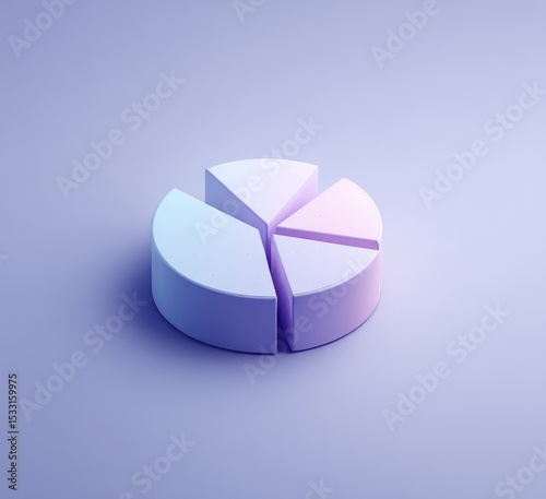 A 3D rendered pie chart with five pastel segments, displayed against a light purple background.  The segments are subtly shaded, creating depth