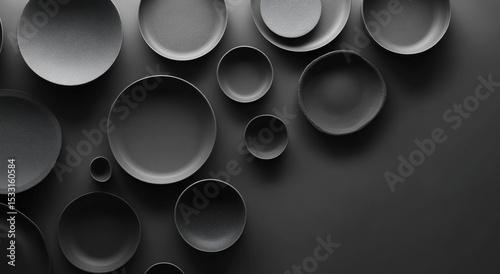 Dark grey plates and bowls of varying sizes arranged on a dark grey background, creating a visually appealing, minimalist composition