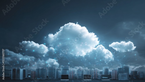 Glowing cloud illuminated network above a cityscape of servers and laptops at night