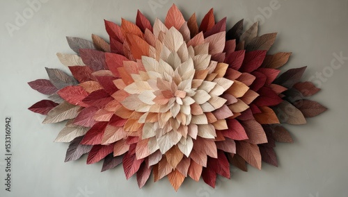 A large, wall-mounted artwork composed of numerous layered, sculpted paper leaves in varying shades of red, orange, and beige, creating a flower-like form