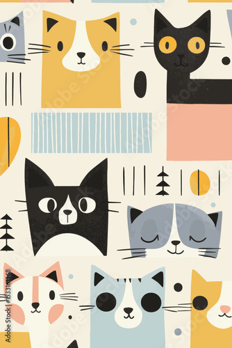 Seamless vector pattern with cute mid-century style cats in pastel modern flat design