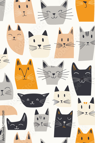 Seamless vector pattern with cute mid-century style cats in pastel modern flat design