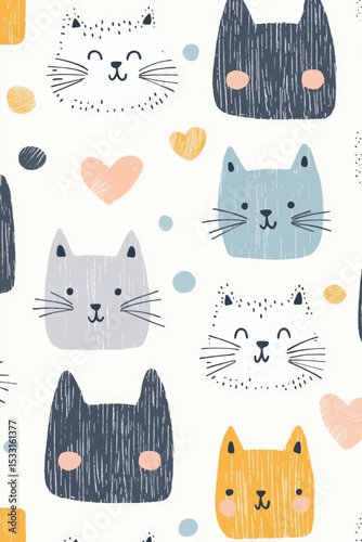 Seamless vector pattern with cute mid-century style cats in pastel modern flat design