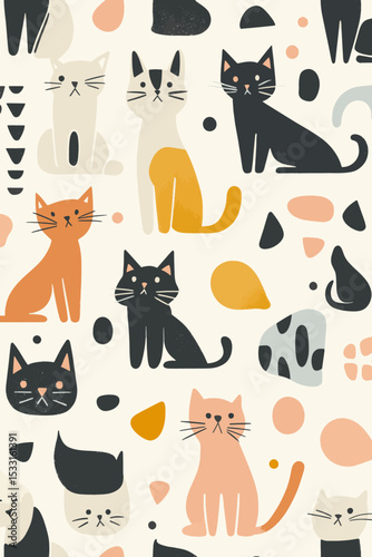 Seamless vector pattern with cute mid-century style cats in pastel modern flat design