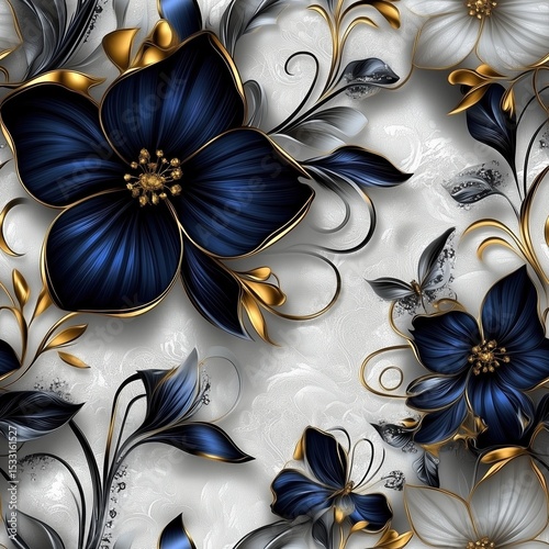 Seamless opulent floral pattern with prominent deep blue flowers accented with gold and intricate black and white foliage on a textured white background, ideal for luxury.