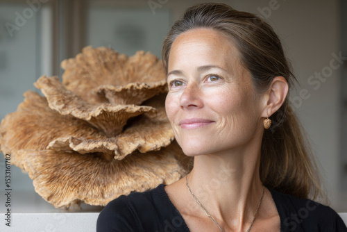 portrait of mycologist positioned on left displaying attentive expression