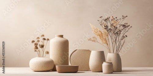 Neutral-toned ceramic vessels and dried floral arrangements on a minimalist beige background