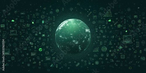 Glowing green Earth surrounded by a constellation of interconnected technology and sustainability icons, symbolizing a global network of innovation and environmental consciousness