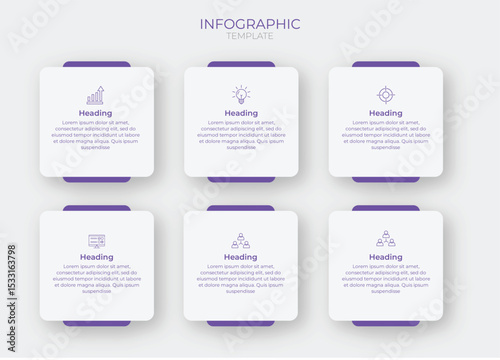 Minimal 6 Step Infographic Template with Modern Purple Icons and Square Layout for Presentations Business Strategy Workflow and Web UI Design