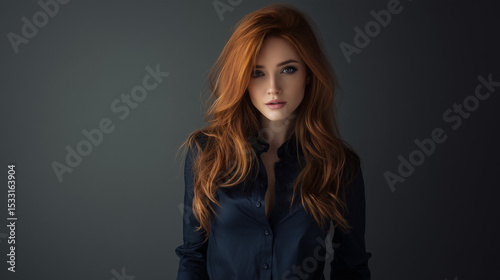 Professional Portrait of a Red-Haired Woman in Blue Shirt on Grey Background