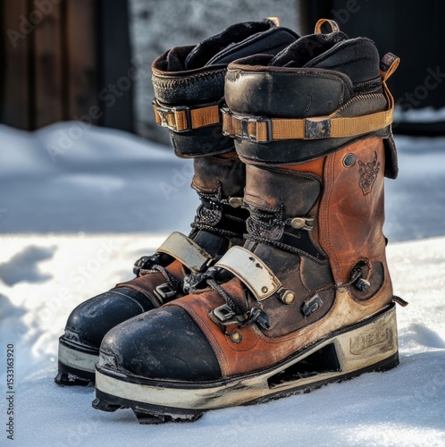 Ski Boots on Snowy Ground: Close-up shot of vintage ski boots resting on the snowy ground. photo