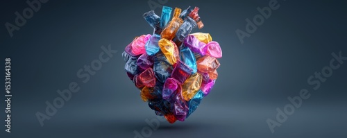 Health risk and environmental toxicity concept. A colorful abstract heart made of crumpled plastic wrappers floats against a dark background, symbolizing environmental pollution and waste impact.