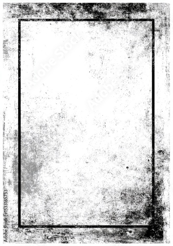 Grunge textured rectangular frame with a heavily distressed, speckled, and faded white interior against a black border
