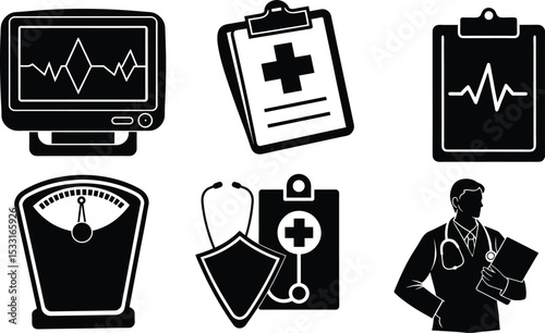 silhouettes of people in the hospital category on white background
