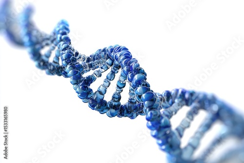 A 3D rendering of a DNA double helix, composed of translucent, sapphire-blue spheres, against a stark white background