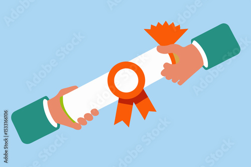 Graduation diploma being handed between two hands, showcasing achievement and celebration, symbolizing educational success and future opportunities in a vibrant illustration