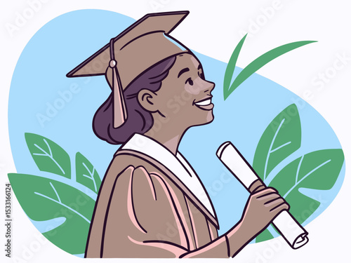 Young woman in graduation cap and gown smiles while holding diploma, surrounded by green leaves, celebrating academic achievement and future opportunities with joy and pride
