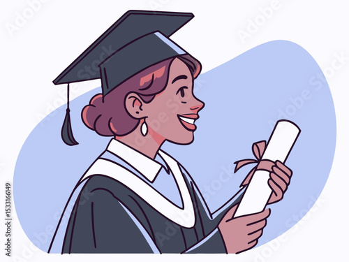 Young woman in graduation cap and gown, joyfully holding diploma with a smile, celebrating academic achievement in a colorful illustration, symbolizing success and future opportunities