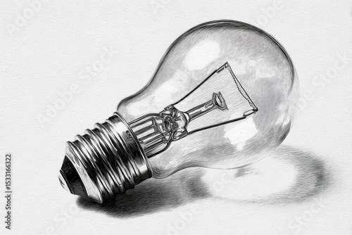 Hyperrealistic pencil sketch of a clear lightbulb resting on a neutral surface, showcasing detailed shading and texture