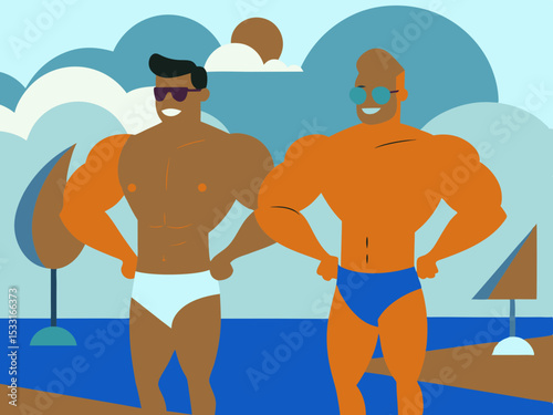 Two muscular men in swimwear posing confidently on a beach, surrounded by stylized waves and sailboats, showcasing a fun and vibrant summer atmosphere