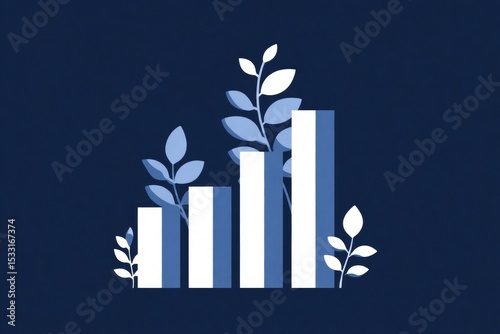 Ascending bar graph with stylized leaves, representing growth and sustainability on a dark blue background